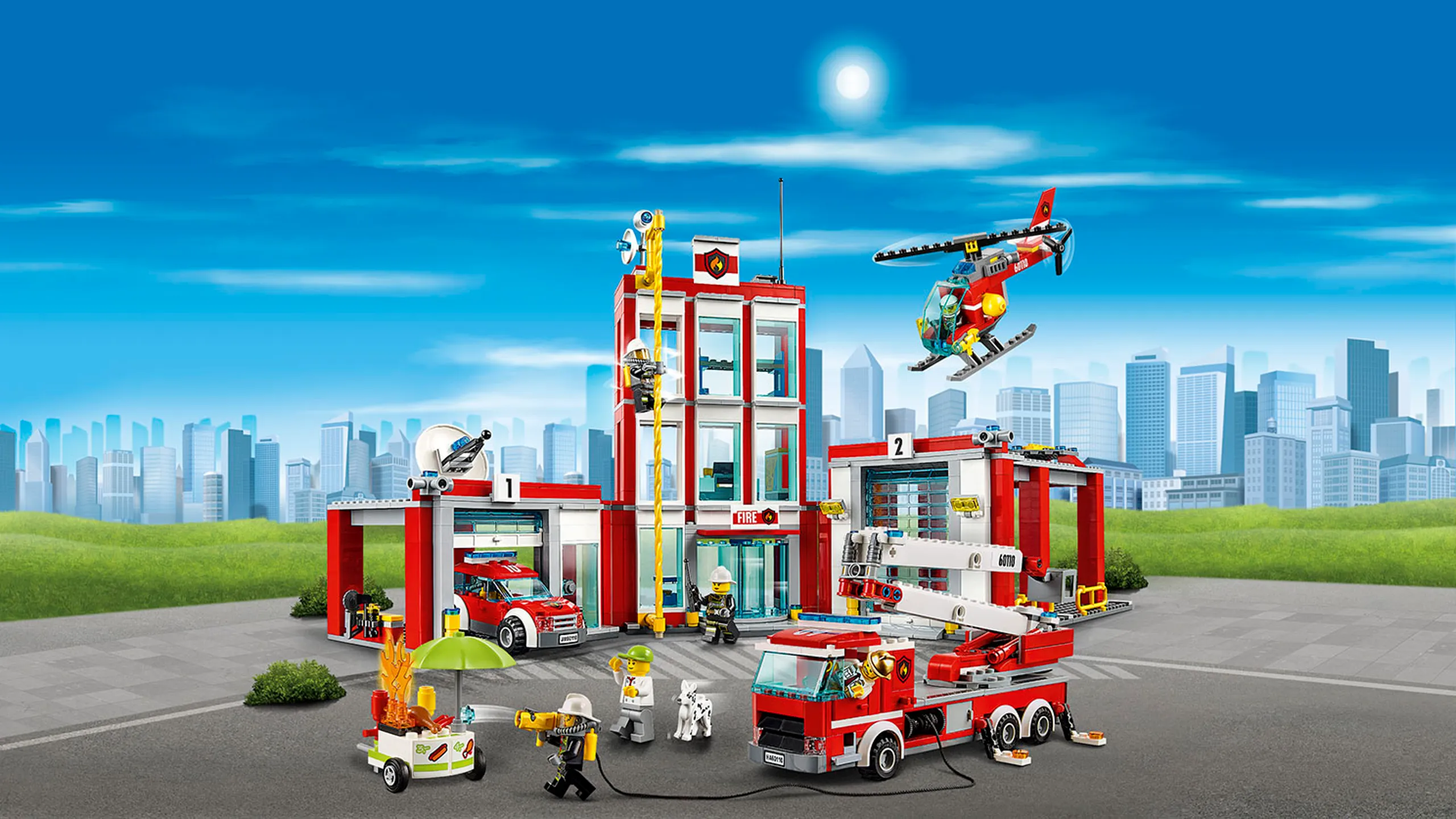 LEGO City brannstasjon med kjøretøy og minifigurer av brannmenn – Brannstasjon 60110