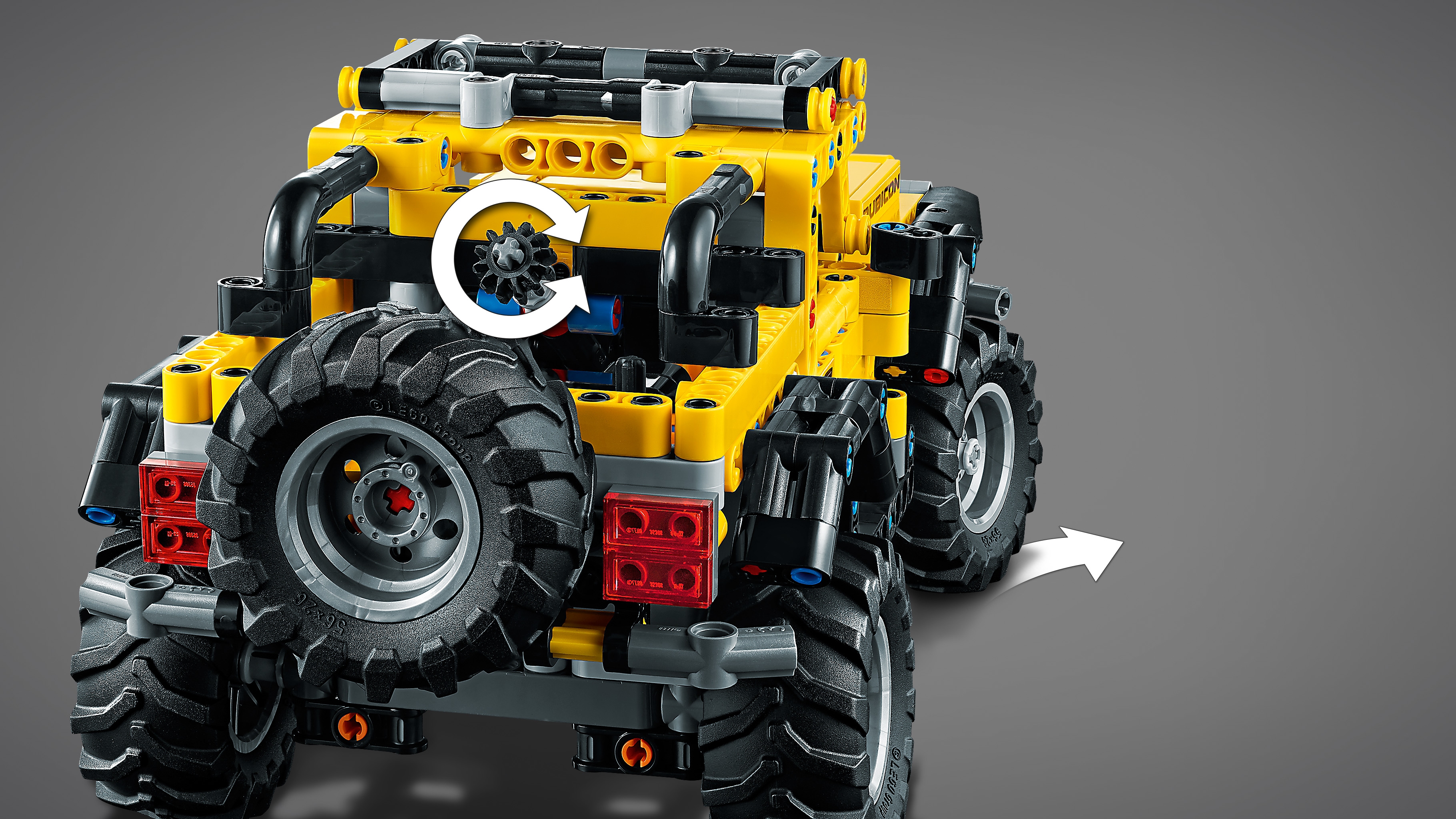 Ein lego-jeep mit farbenfrohem design auf der vorderseite