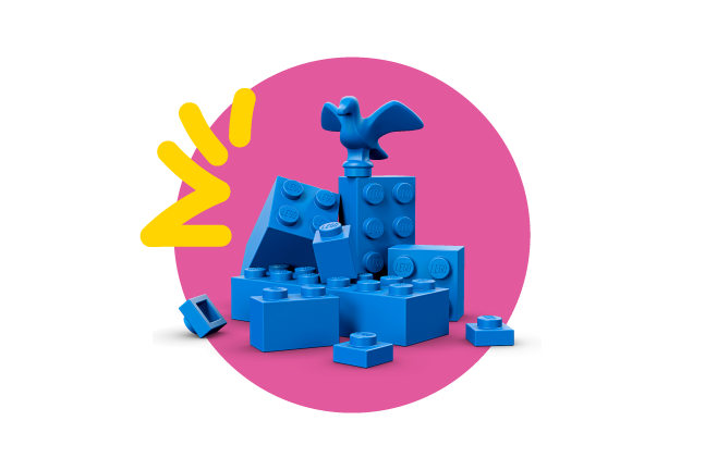 A pink bubble with blue LEGO bricks and a blue LEGO bird