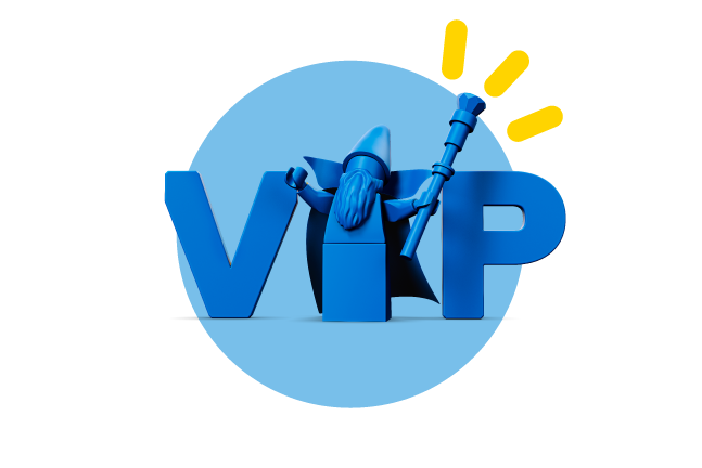 A blue bubble with blue letters saying "VIP", with the I represented as a faceless blue wizard minifigure