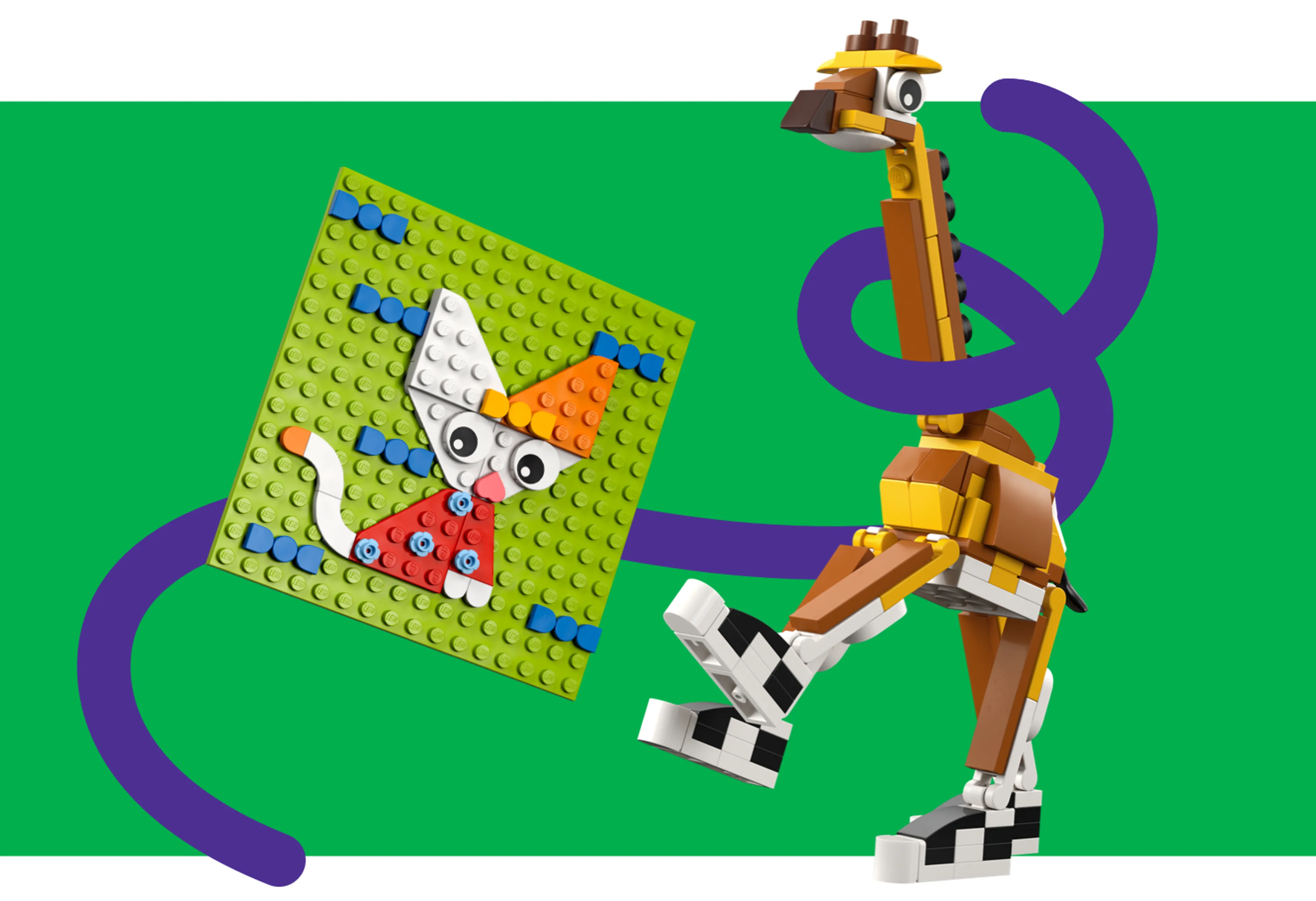 A LEGO giraffe wears shoes