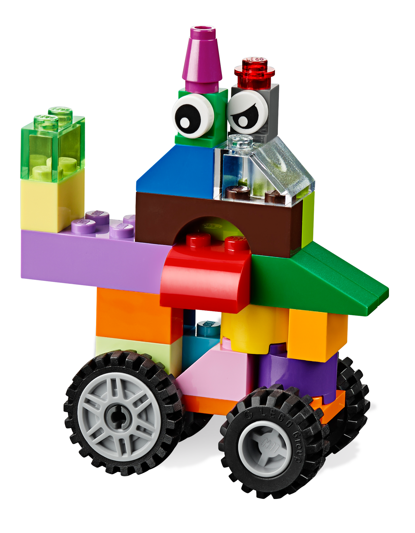 A LEGO build with wheels and eyes