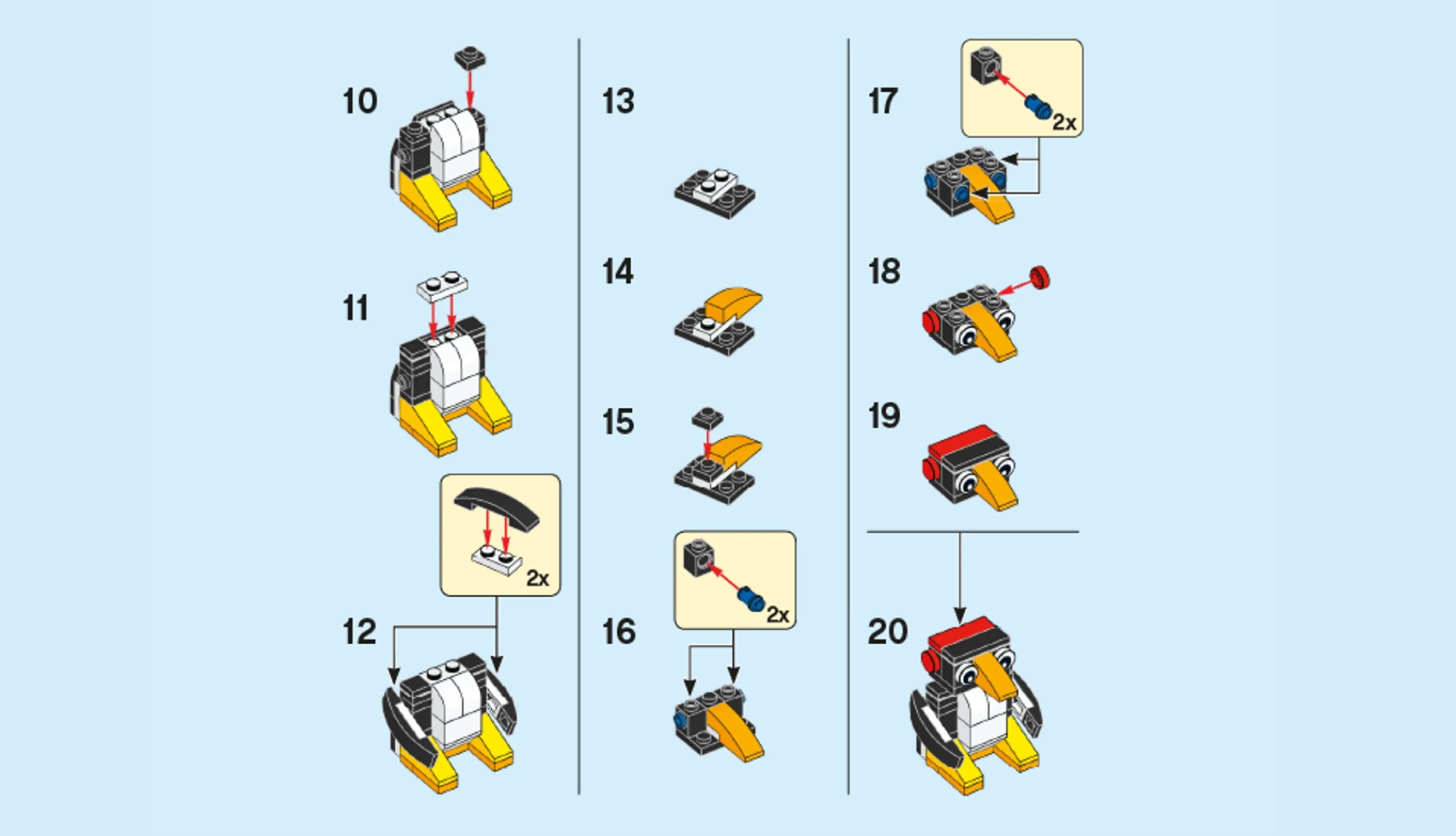 Building instructions for building a LEGO penguin with different steps