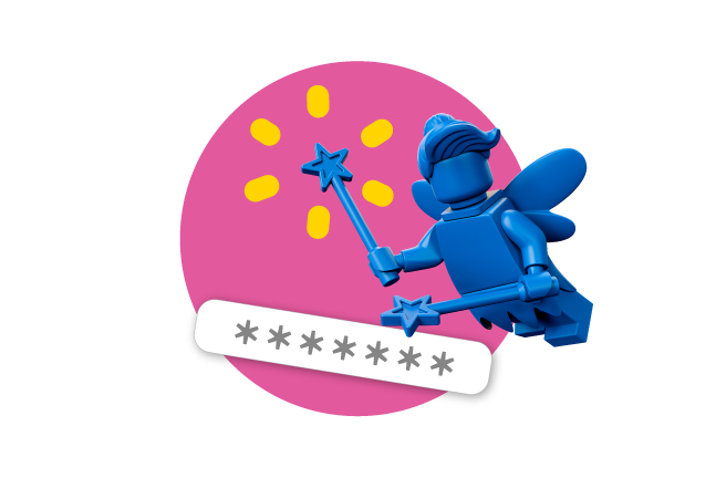 A pink bubble with a faceless blue fairy minifigure and a text bubble with seven stars on it representing a code