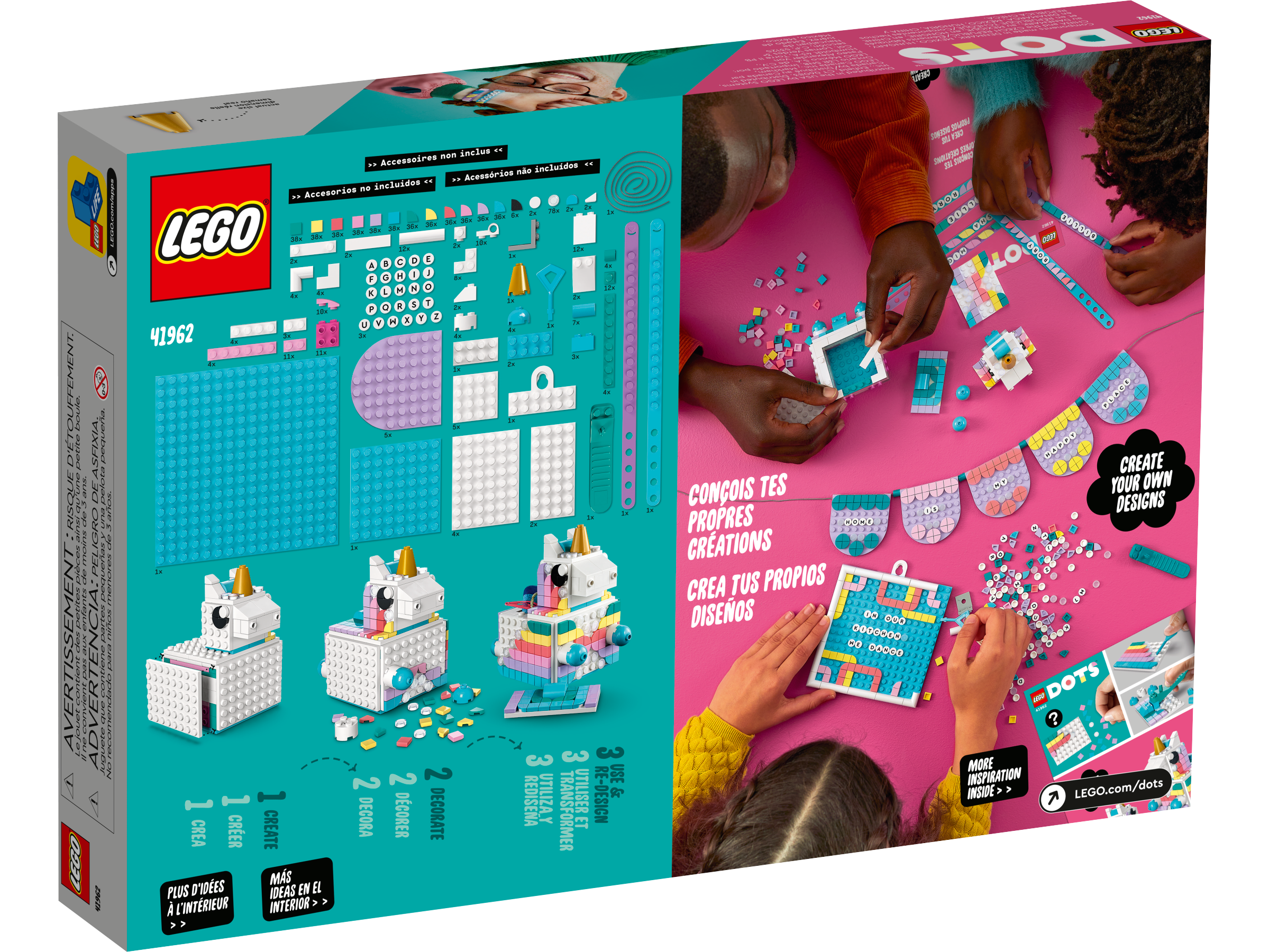 LEGO® DOTS™ 41962 Le kit créatif familial Licorne - Lego - Achat